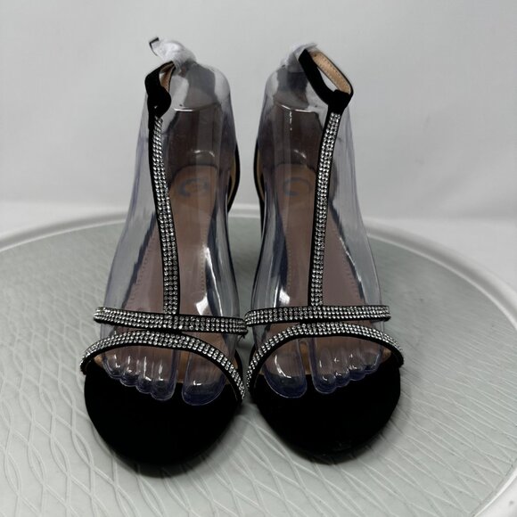 Black Rhinestone Ankle Strap Heels Size 8 Open Toe Clear PVC T-Strap - Picture 5 of 9